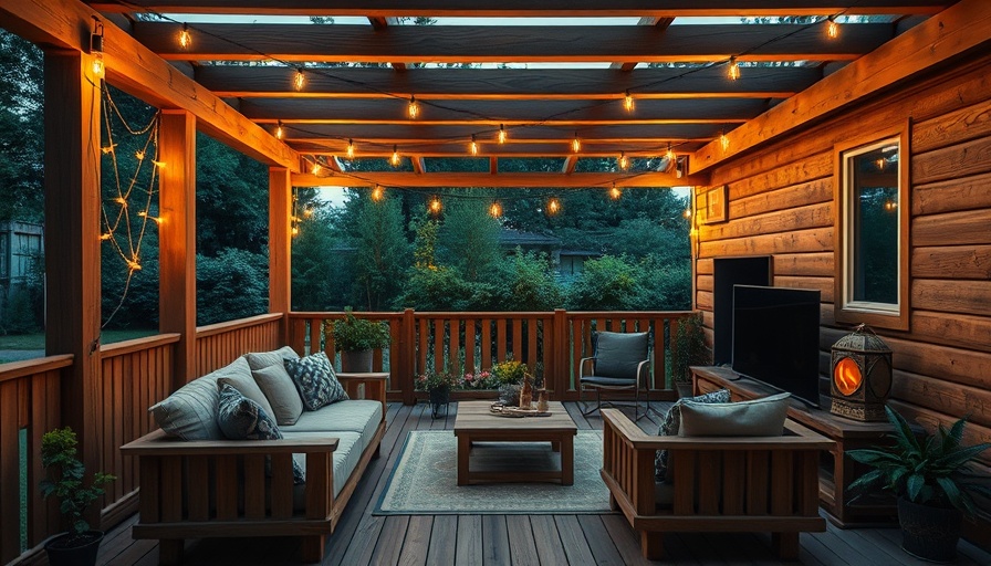 Cozy covered outdoor seating area with sofa and TV, evening ambiance