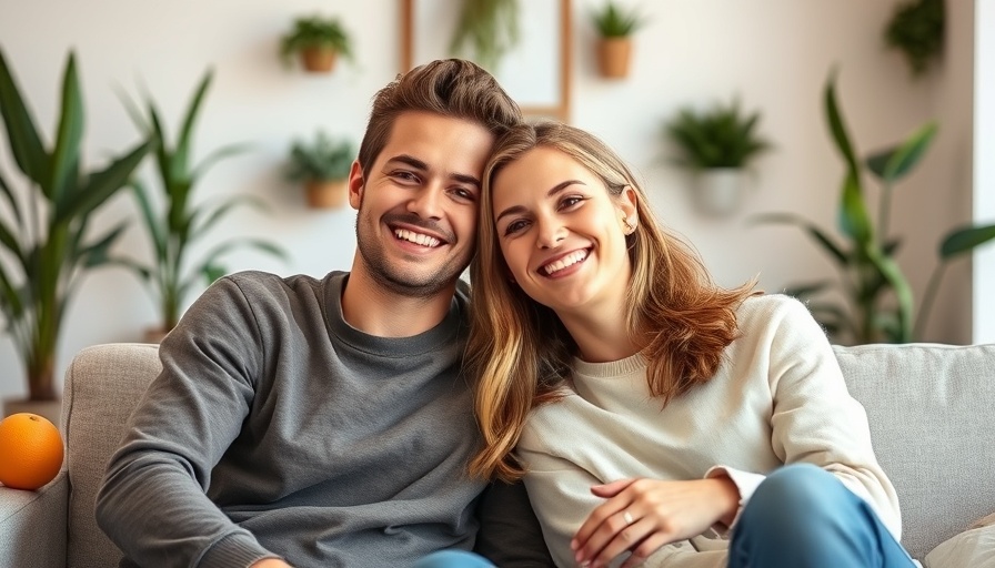 Cheerful couple smiling indoors, casual setting.