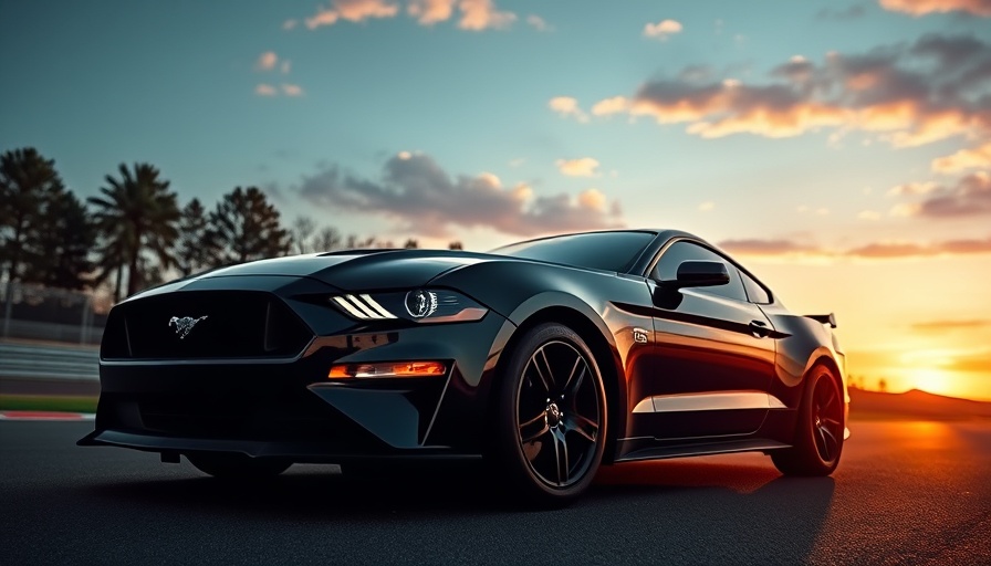 Sleek Mustang GTD Liquid Carbon on racetrack at dusk, vibrant sky.