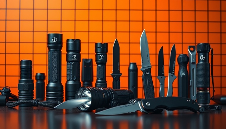 EDC Pocket Knives and Flashlights Sale assortment on orange grid.