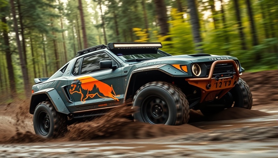 Off-road supercar racing through mud with vibrant design.