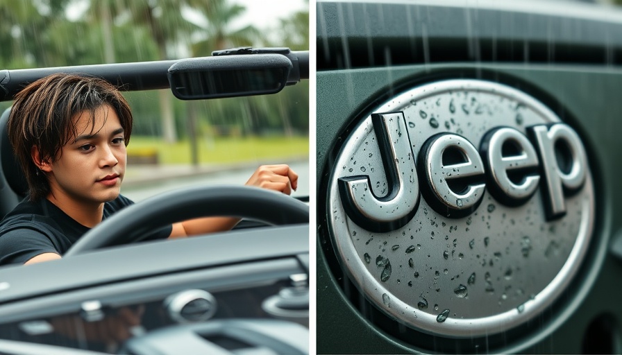 Jeep ownership: driver in rain, Jeep logo with raindrops.