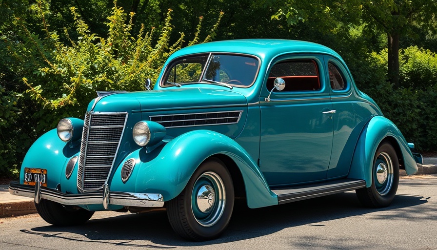 Teal 1937 Plymouth Coupe parked in sunlight.