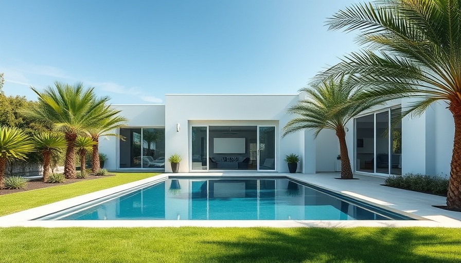 Minimalist lawn landscaping with pool and palm trees in modern backyard.