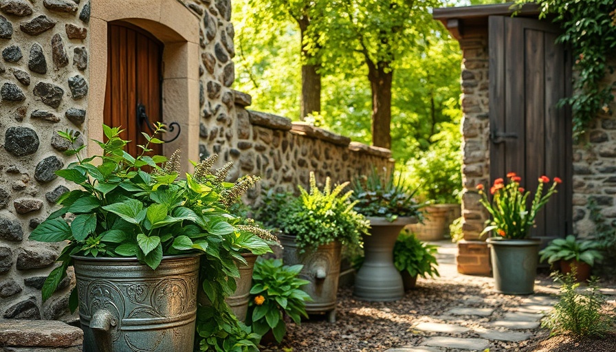 Vintage rustic garden ideas with metal planters and stone path.