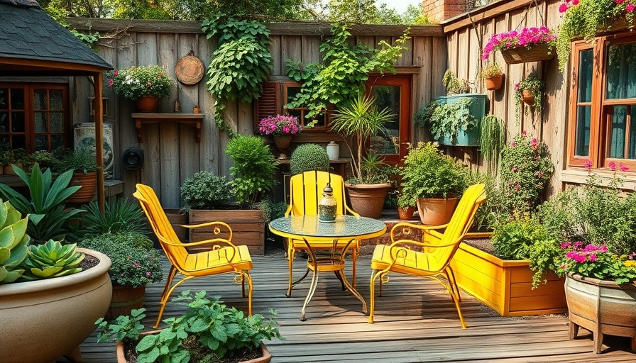 Vintage rustic garden with recycled materials and lush plants.