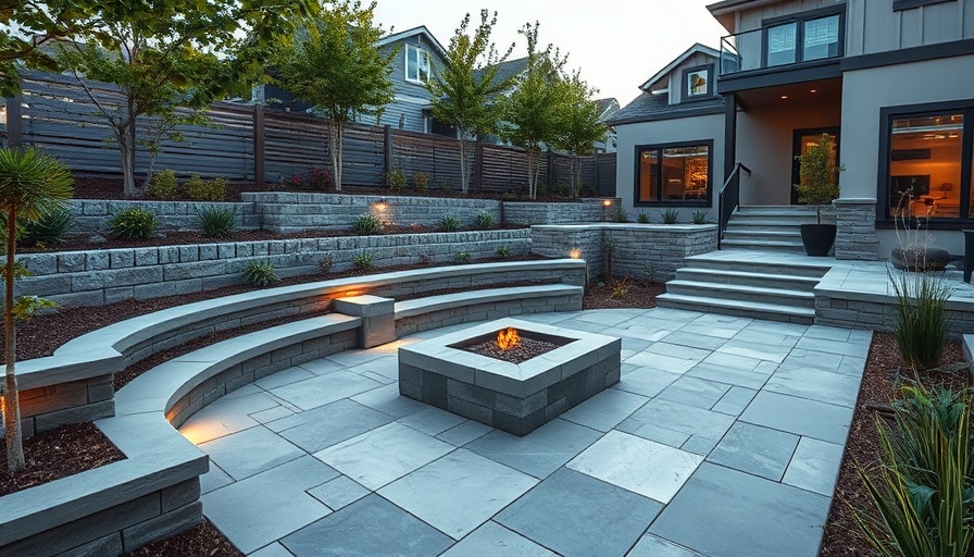 Modern backyard hardscaping ideas with fire pit and planters.