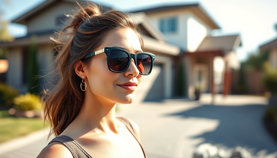 Fashionable woman in sunglasses outside for Safelite Windshield Service, sunny day.