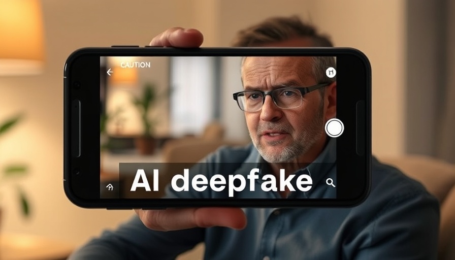 Smartphone display warns about AI deepfakes with text overlay.