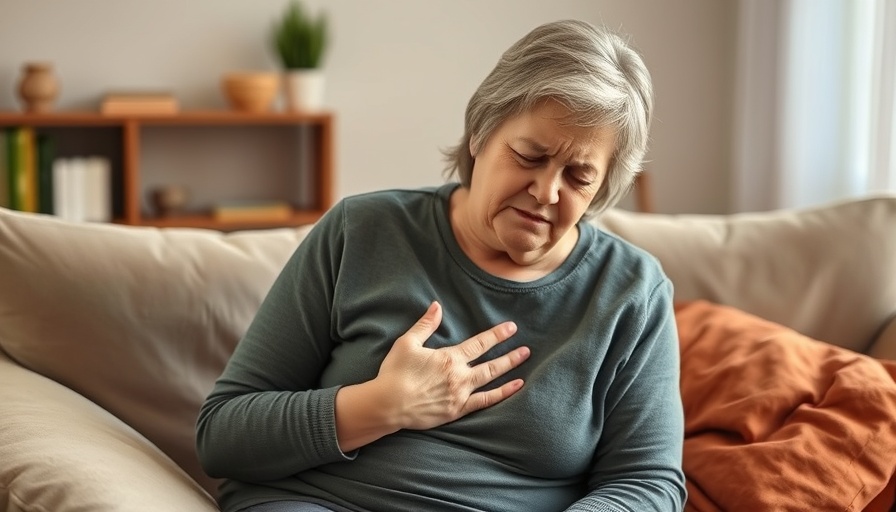 Middle-aged woman clutching chest discomfort, AI stethoscope heart health detection context.