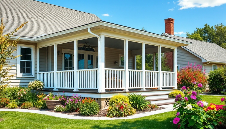 Charming enclosed porch design attached to suburban house, vibrant garden.