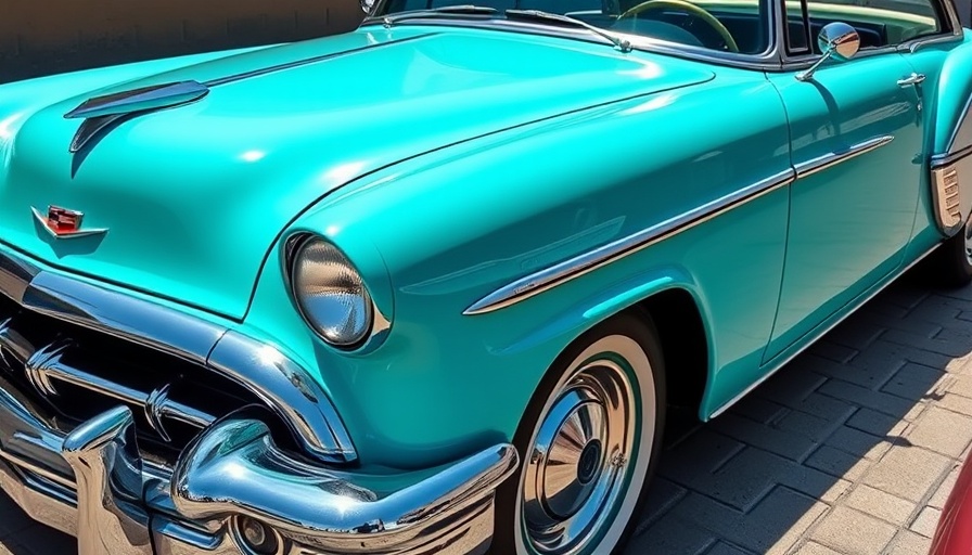 Classic turquoise car for sale in vintage style.
