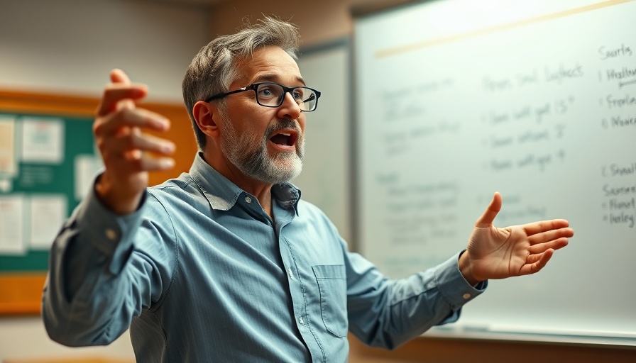 Middle-aged male professor energetically teaching in classroom with notes on whiteboard.