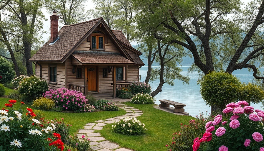 Charming rustic cottage nestled in a vintage garden design by a lake.