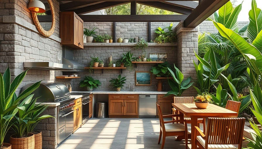 Stylish outdoor kitchen with modern design amidst lush greenery.