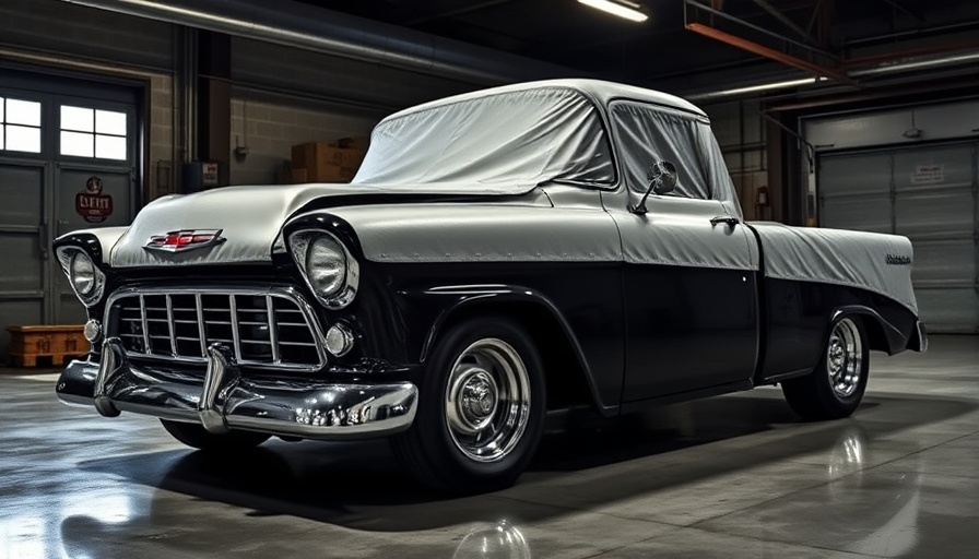 Sleek 1957 Chevy SEMA build in a garage.