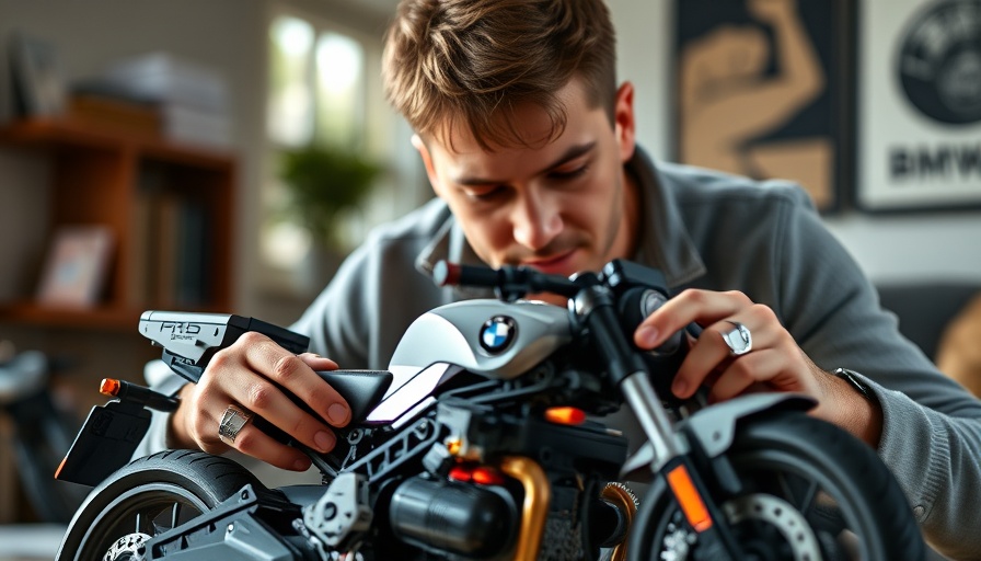 Detailed 1:5 scale BMW Moto Lego model assembly.