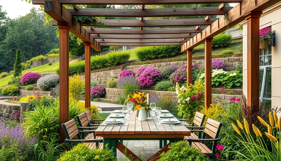 Beautifully designed outdoor dining area surrounded by vibrant flowers.