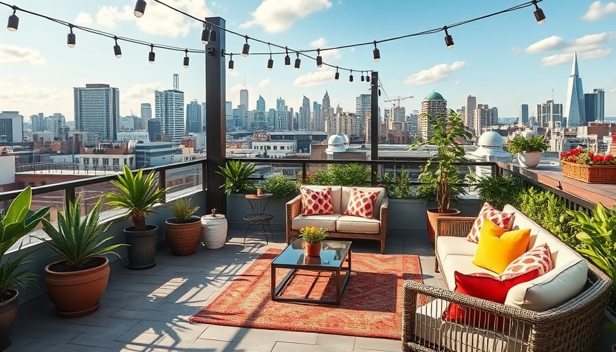 Chic rooftop terrace design with cozy seating and skyline views.