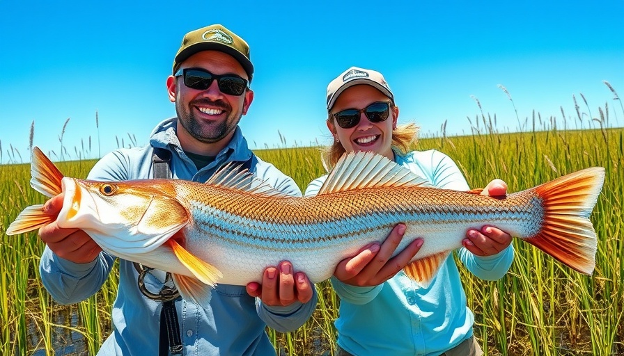 Joyful anglers with redfish in South Louisiana wetlands.