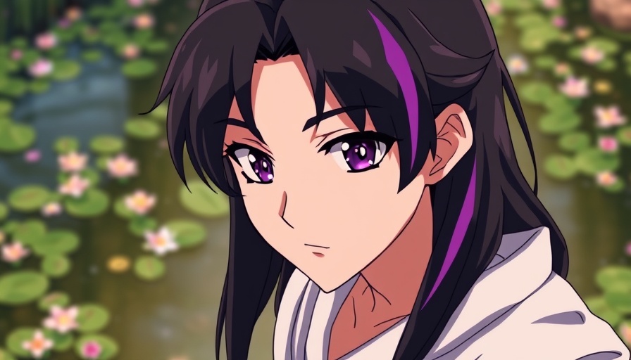 Anime character with purple highlights in a serene pond setting.