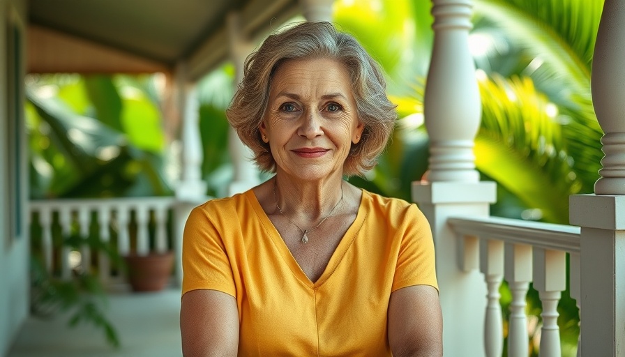Middle-aged woman shares retirement advice on a bright porch.