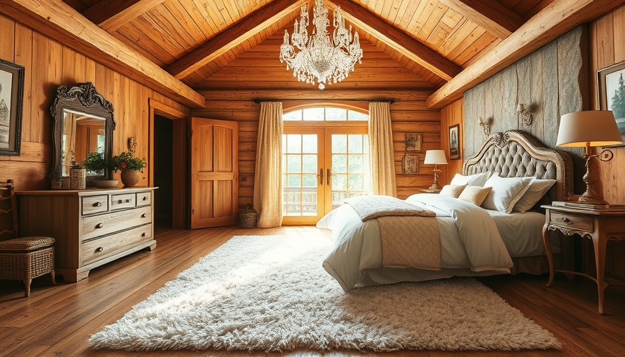 Cozy rustic bedroom with white shag rug, chandelier, wooden decor.
