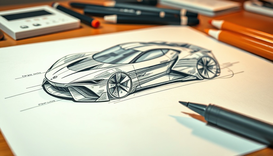 Close-up of car design sketch, Nissan design team's impact on car buying.