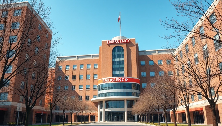 Urban hospital building with emergency sign, daylight.