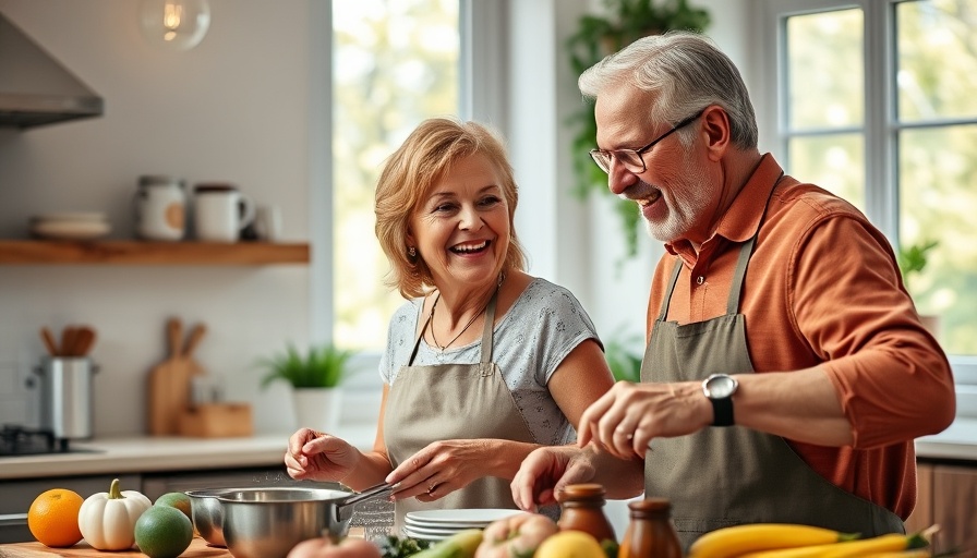 Smiling older couple cooking in kitchen, focusing on health and wellness.