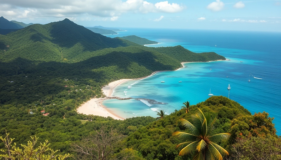 Caribbean coastline with blue waters and green hills.