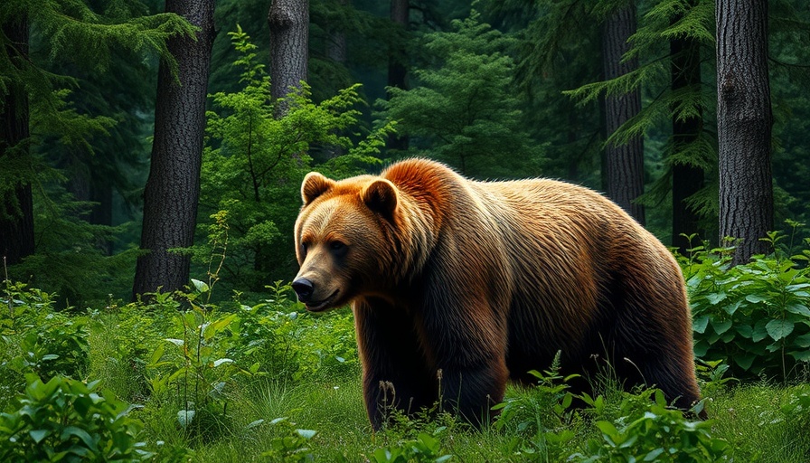 Fat Bear Week image of a large brown bear in a forest.