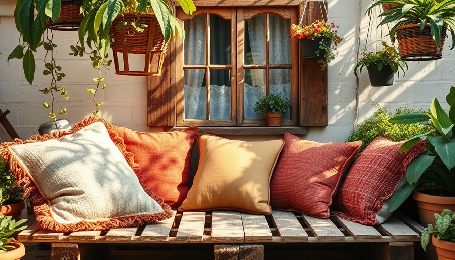 Vintage garden seating with colorful cushions and hanging plants.