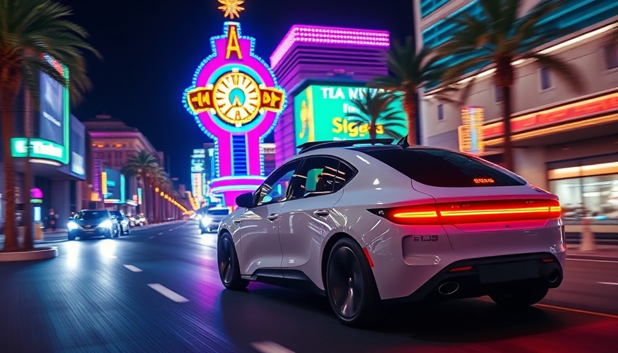 Futuristic vehicle offering free ride Las Vegas at night.