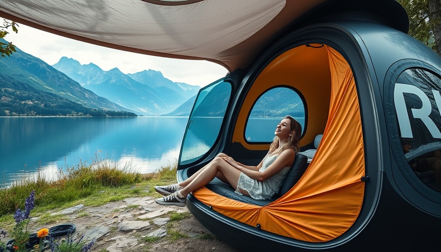 Futuristic camping pod at serene lake with lush scenery.
