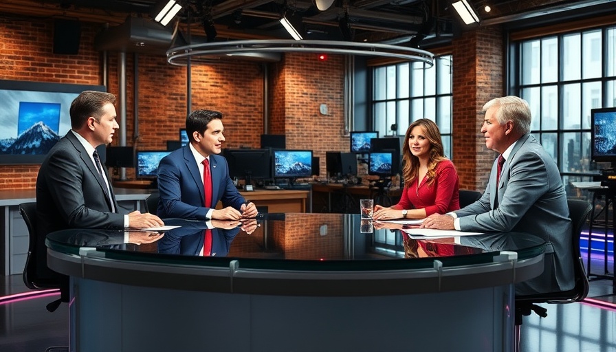 Two TV news anchors discussing on set with channel logos.