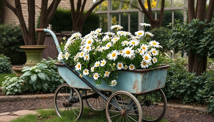 Upcycled vintage garden design with flowers in a rustic cart.