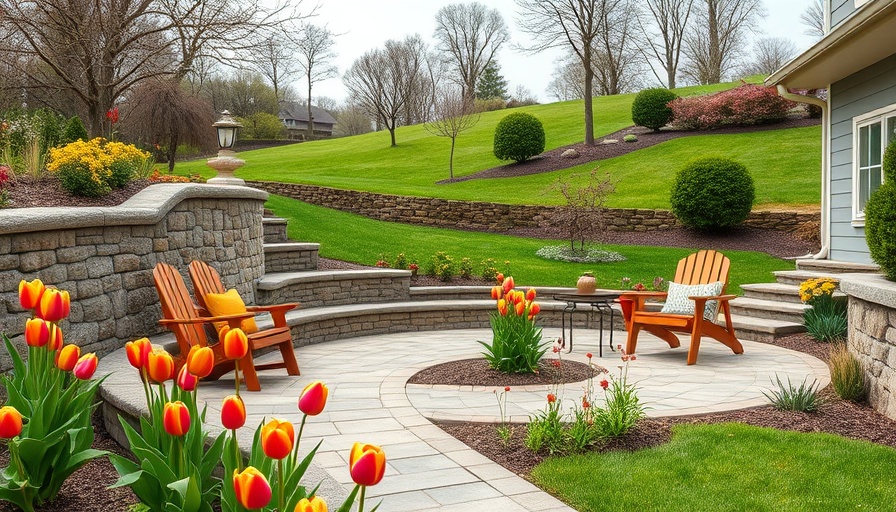 Charming sloping backyard landscaping with stone wall and tulips.