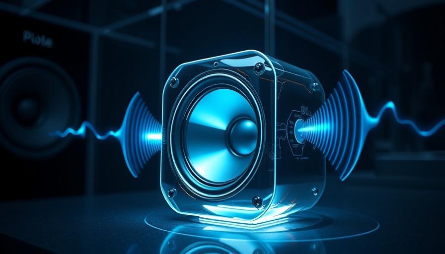 Futuristic glass speaker technology visualizing sound waves in dark ambiance.