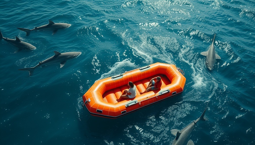 Large inflatable raft in ocean surrounded by sharks for home safety.
