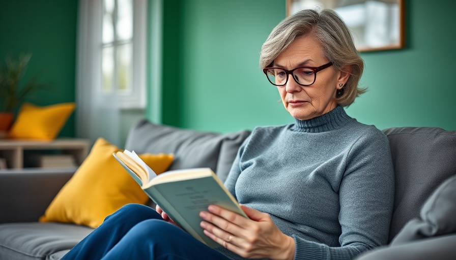 Middle-aged woman reading a book, contemplating age-related vision loss.