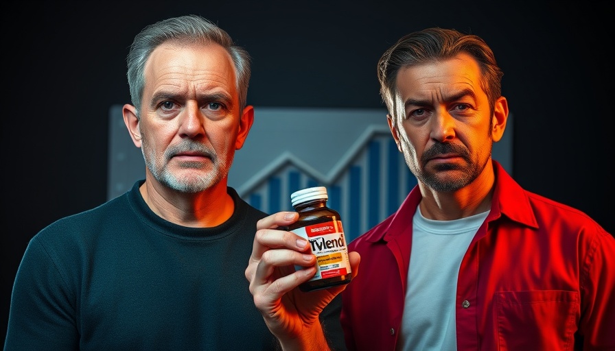 Connection Between Tylenol and Autism: Two men, Tylenol bottle, rising trend graph.