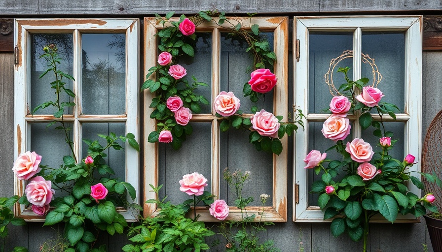 Rustic upcycled garden decor with window frames and flowers.