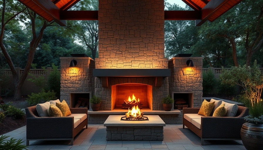 Elegant outdoor fireplace design with cozy seating and lush greenery.