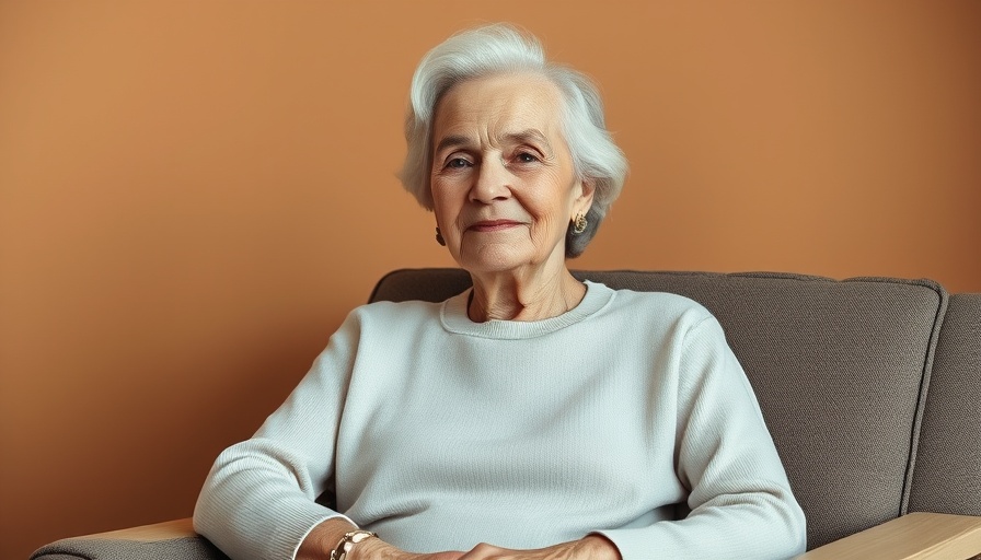 Elegant woman smiling in chair, warm soft background