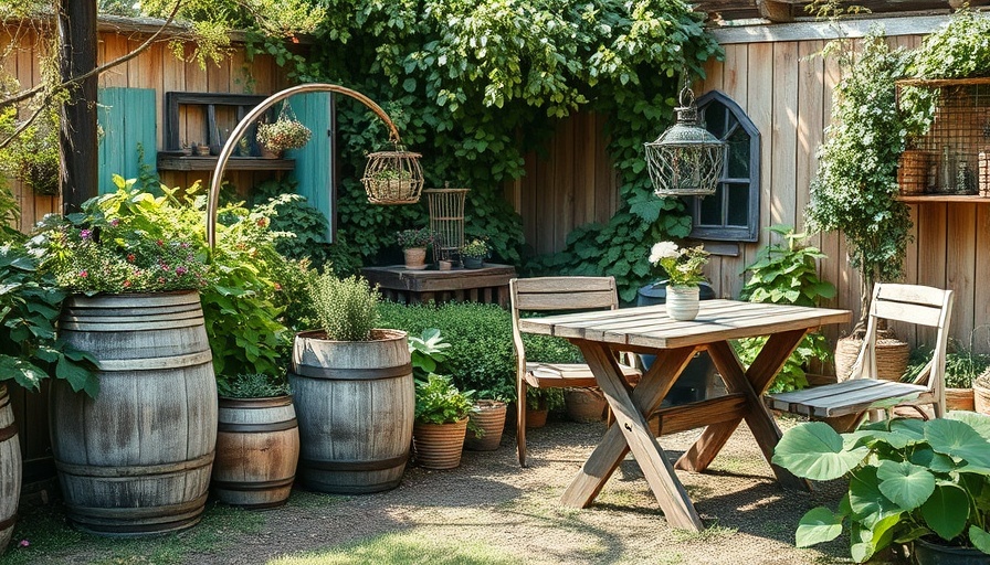 Vintage DIY garden decor with barrels and rustic table in lush setting.