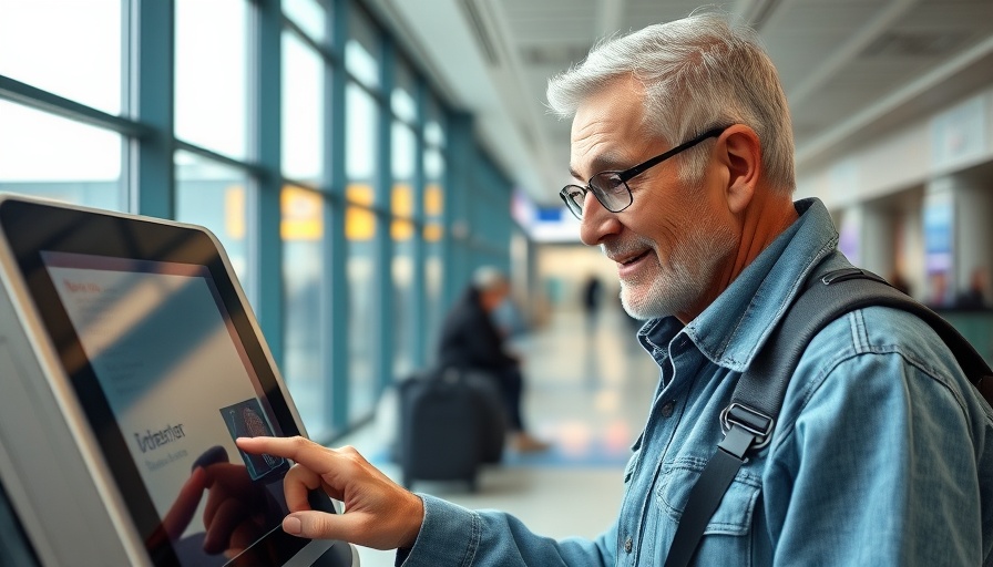 Traveler uses fingerprint scan at airport kiosk, highlighting fingerprint scans for American travelers to Europe.