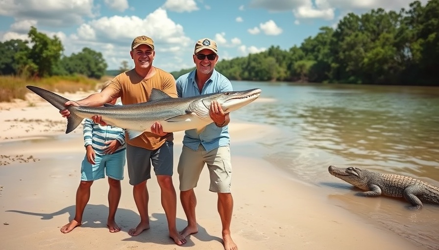 Apex predators dominate this wild river as men display a shark.