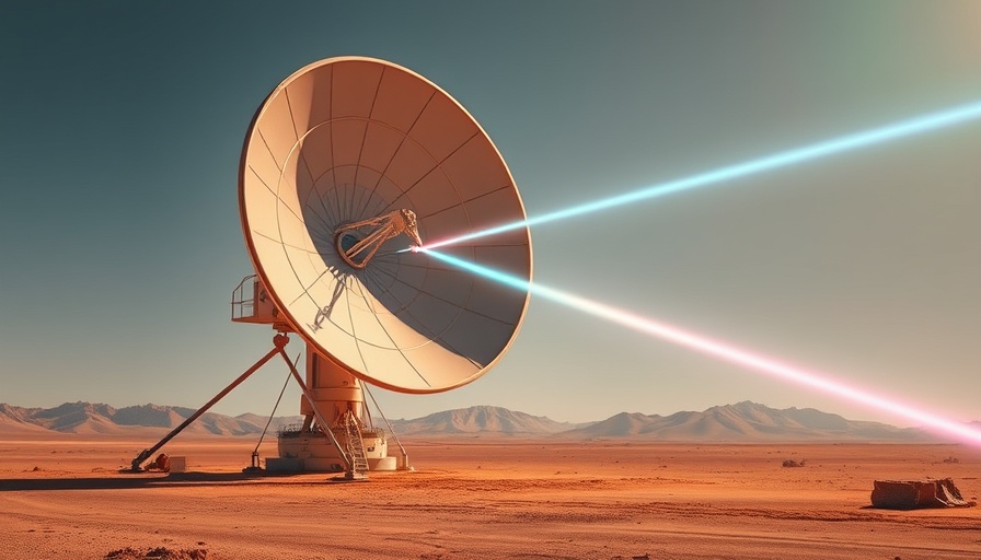 Futuristic satellite dish beaming lasers on Earth in a desert.