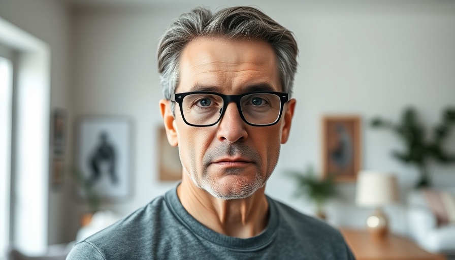 Excitement about turning 70 message with mature man in modern home.